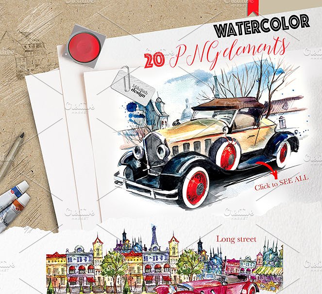 复古小车&城市街道手绘水彩插画 Retro cars & city streets插图(1)