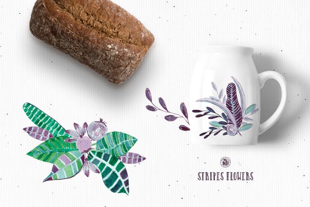 条纹手绘花卉水彩插画 Stripes Flowers插图(3)