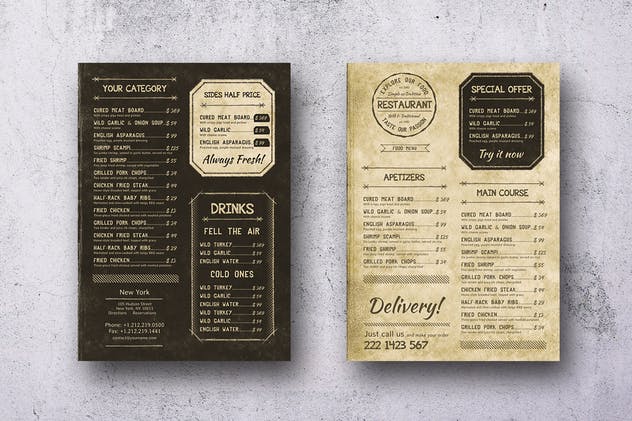 复古老式单页餐厅菜谱菜单PSD模板 Retro Vintage Single Page Menu A4 & US Letter插图(1)