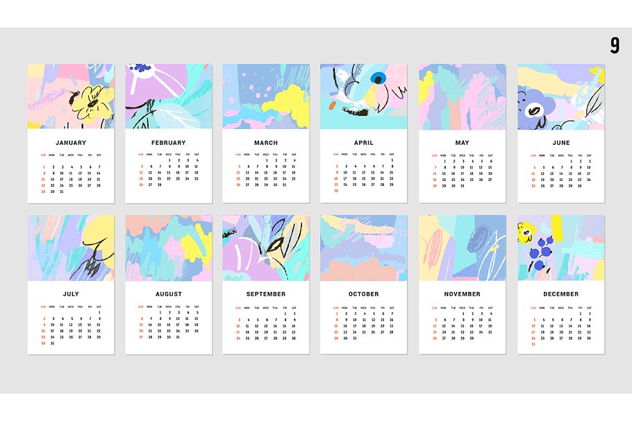 水彩涂鸦日历模板 2017 CALENDARS | raster & vector插图(12)