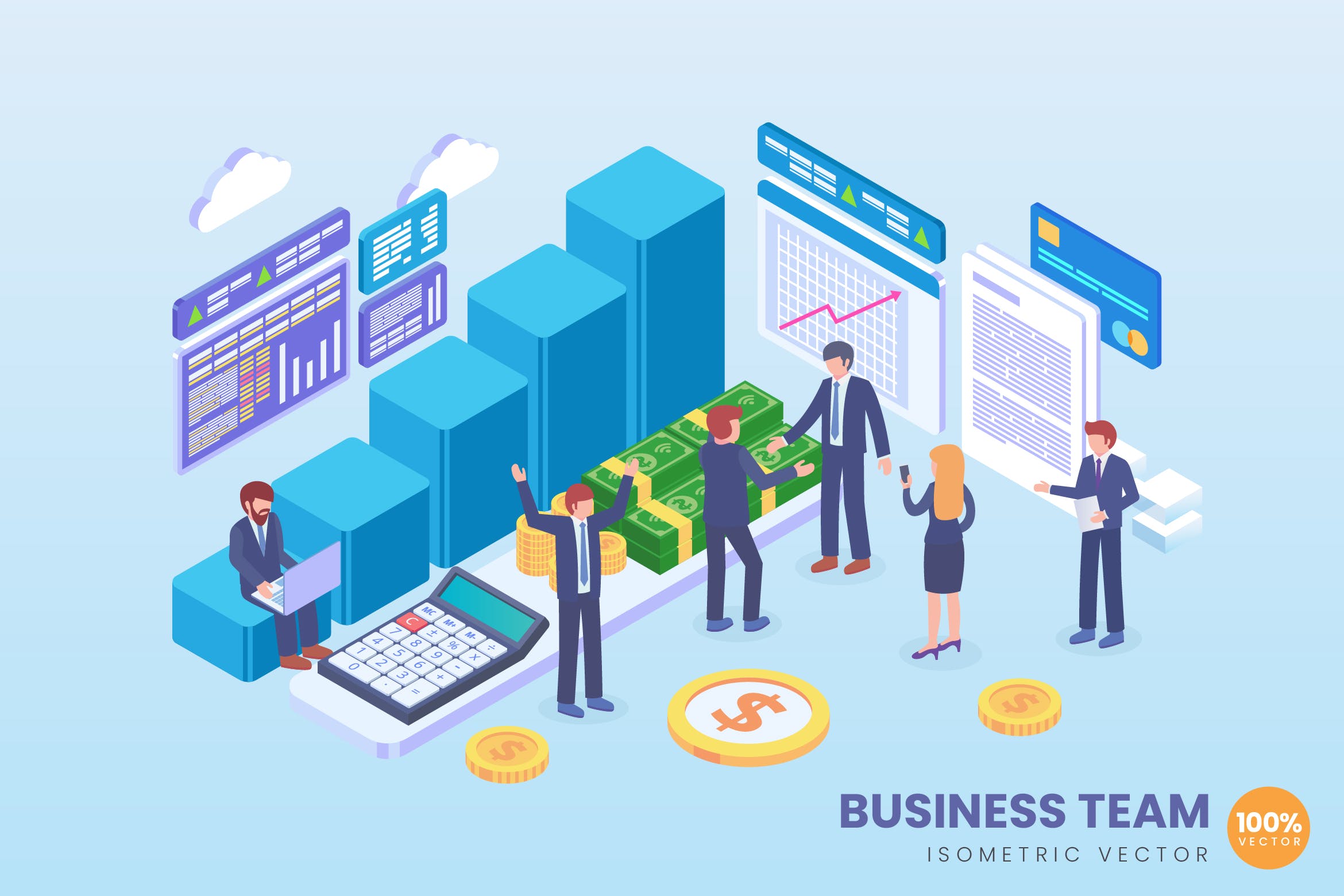 业务团队建设主题等距矢量素材库精选概念插画 Isometric Business Team Vector Concept插图