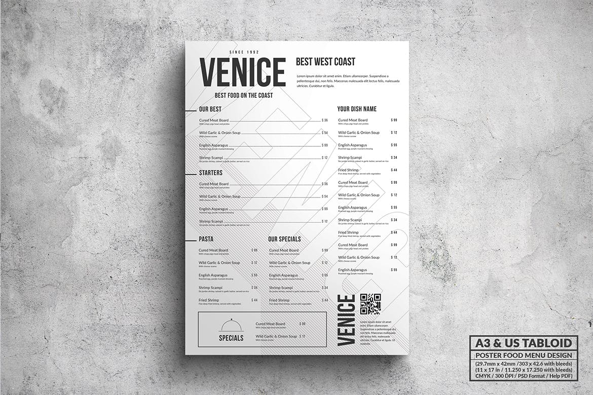 极简设计风格西餐菜单海报PSD素材素材库精选模板 Venice Minimal Food Menu – A3 & US Tabloid Poster插图(2)