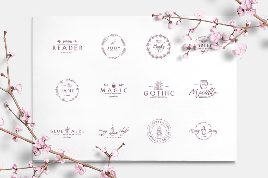 13款手写英文字体合集&Logo模板、矢量插画 Wonderland Fonts Pack & Branding Kit插图(34)