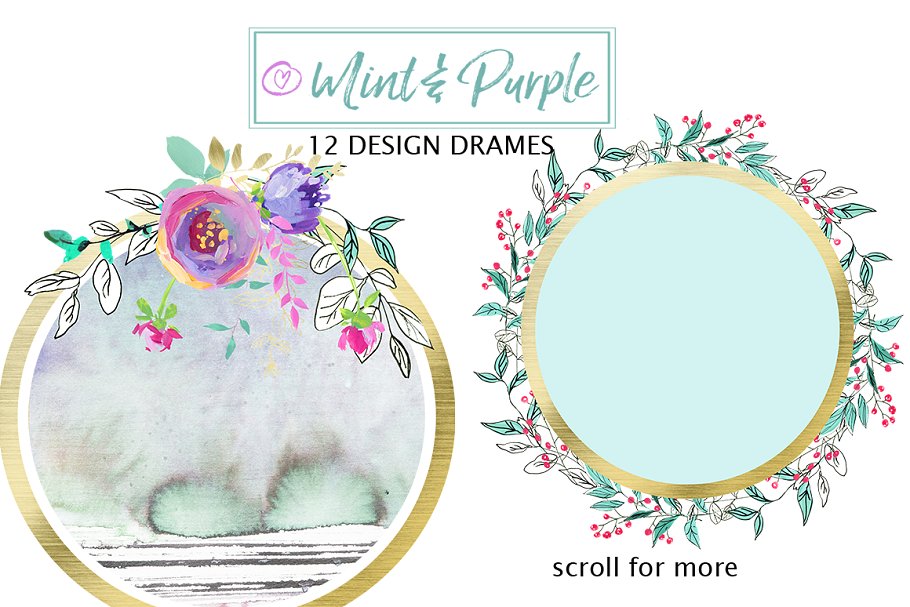 薄荷和紫色水彩花卉 Mint and Purple Watercolor Flowers插图(5)