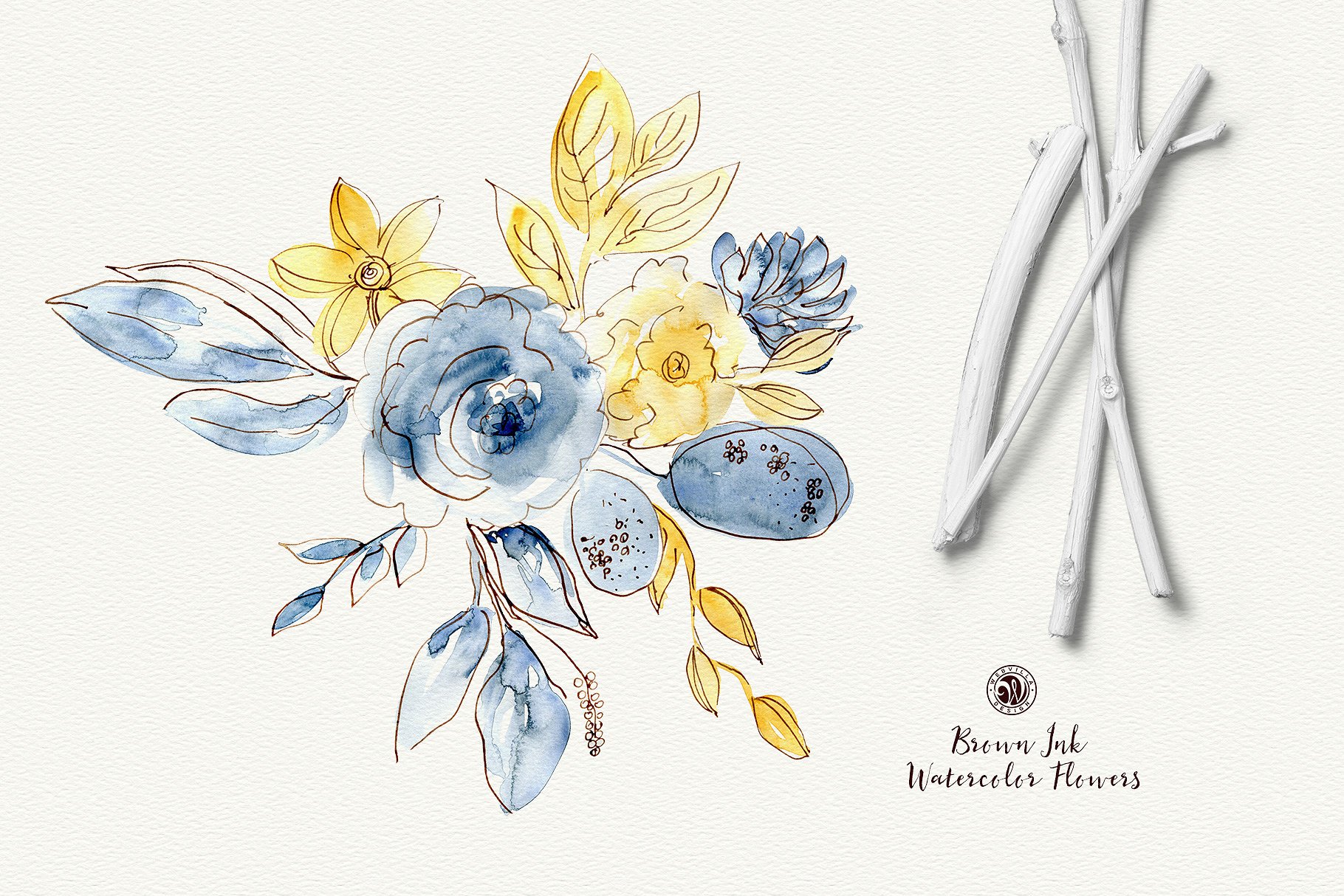 棕色油墨手绘水彩花卉元素 Brown Ink Watercolor Flowers插图(1)