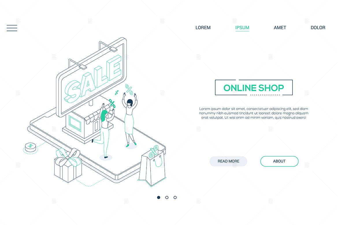 网上购物主题线条艺术设计风格网站Banner设计插画素材 Online shop – line design style isometric banner插图