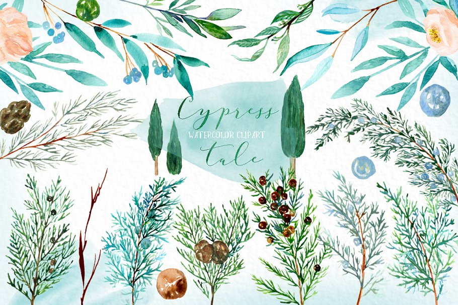 柏树水彩剪贴画 Cypress tale. Watercolor clipart插图(10)
