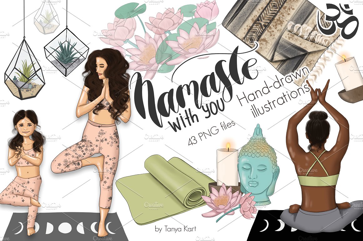合十礼瑜伽手绘插画 Namaste Hand Drawn Yoga Illustration插图