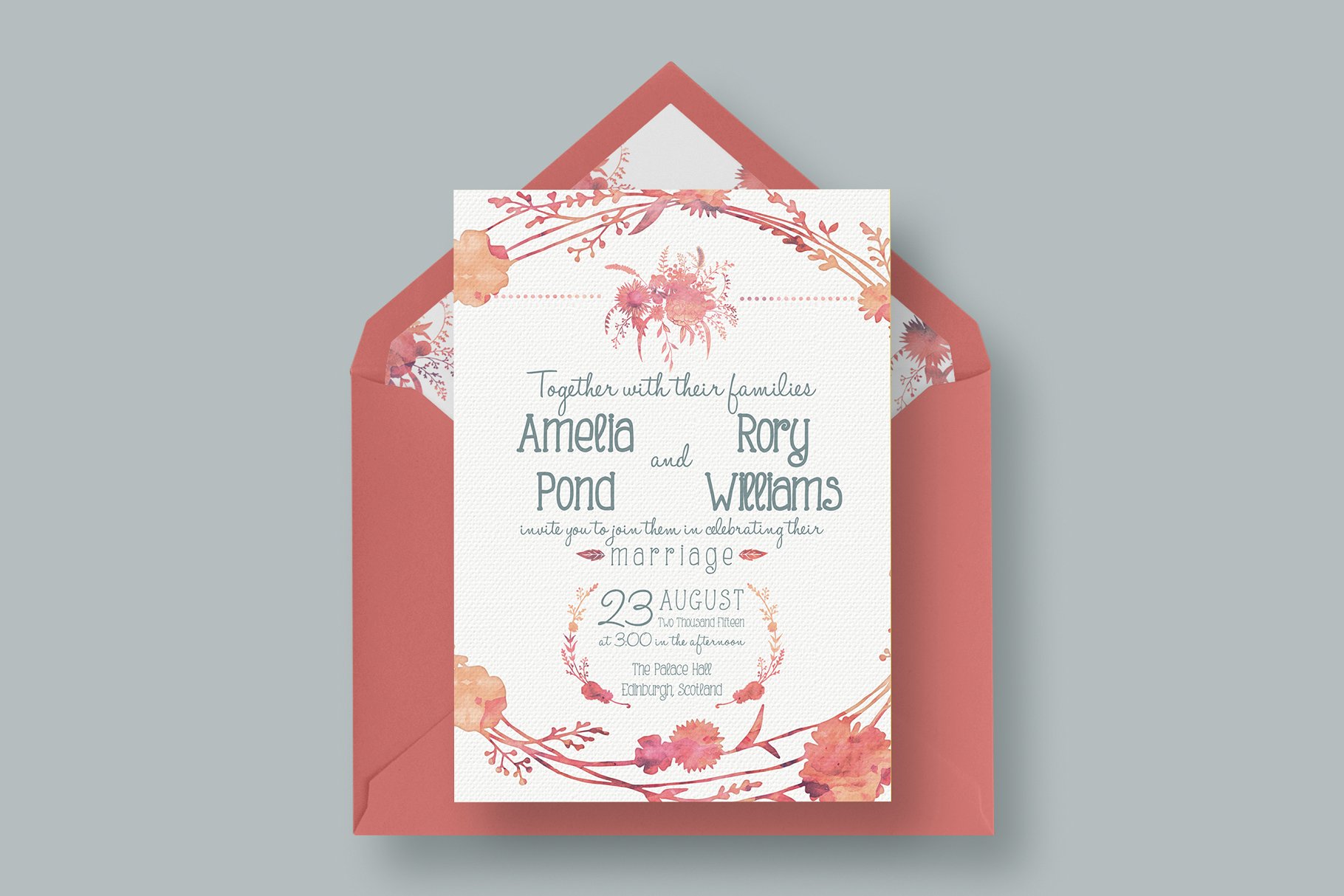 朱砂红水彩花卉压纹纸张婚礼邀请函设计模板 Watercolour Wedding Suite 2.0插图(1)