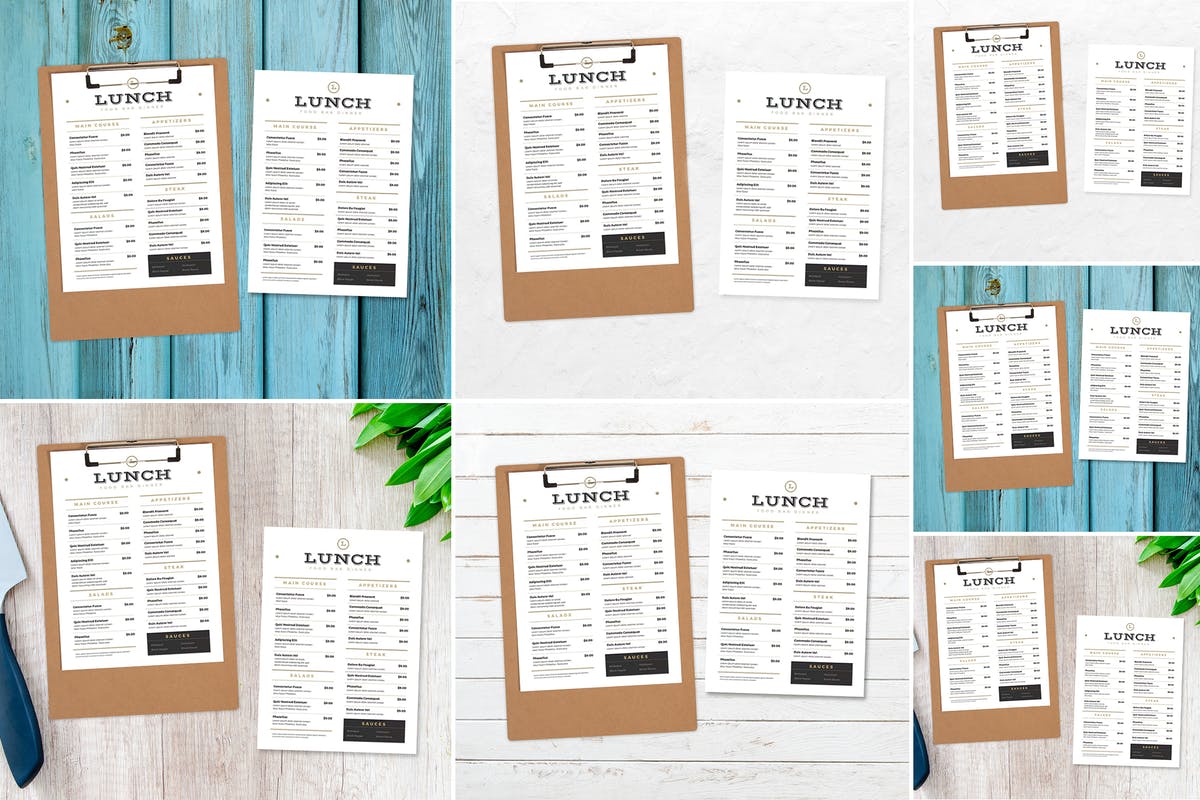 西餐厅菜单版式设计图样机素材库精选模板 4 Scenarios Menu Mock Ups插图