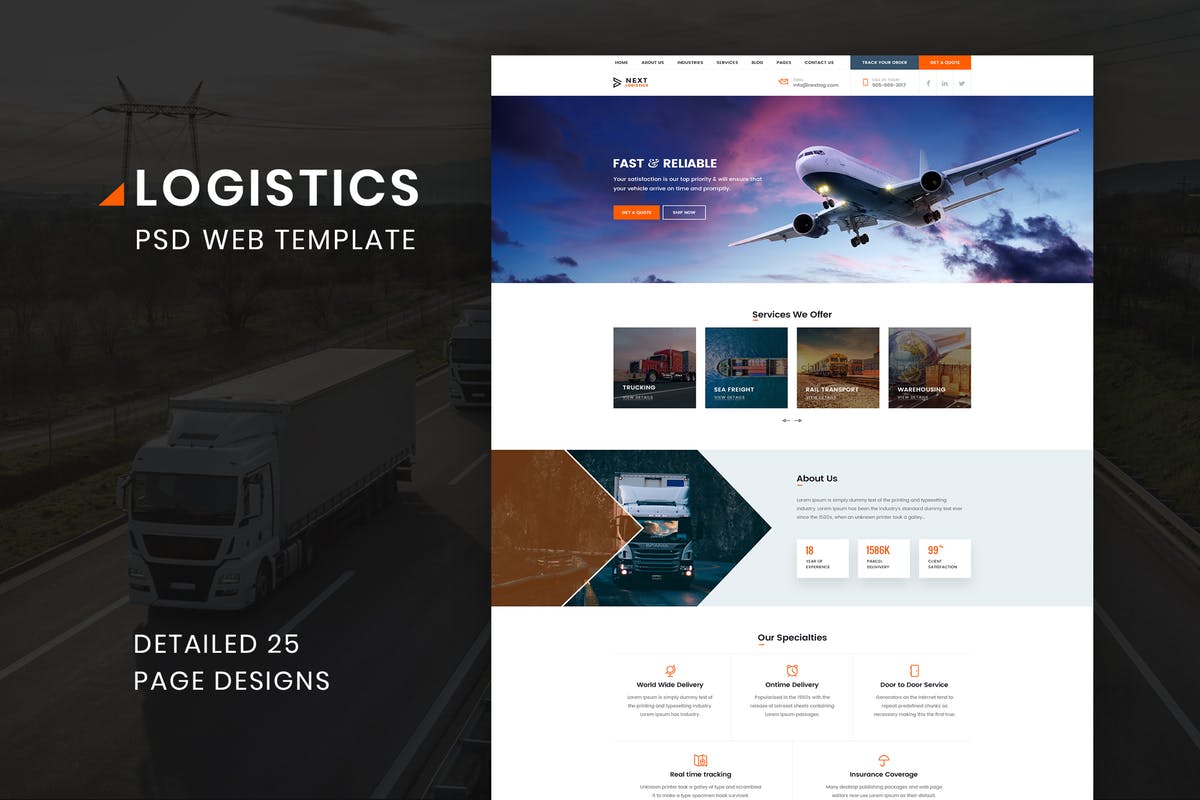 交通运输快递物流公司网站PSD模板 Logistics Transportation Shipping Agency Business插图