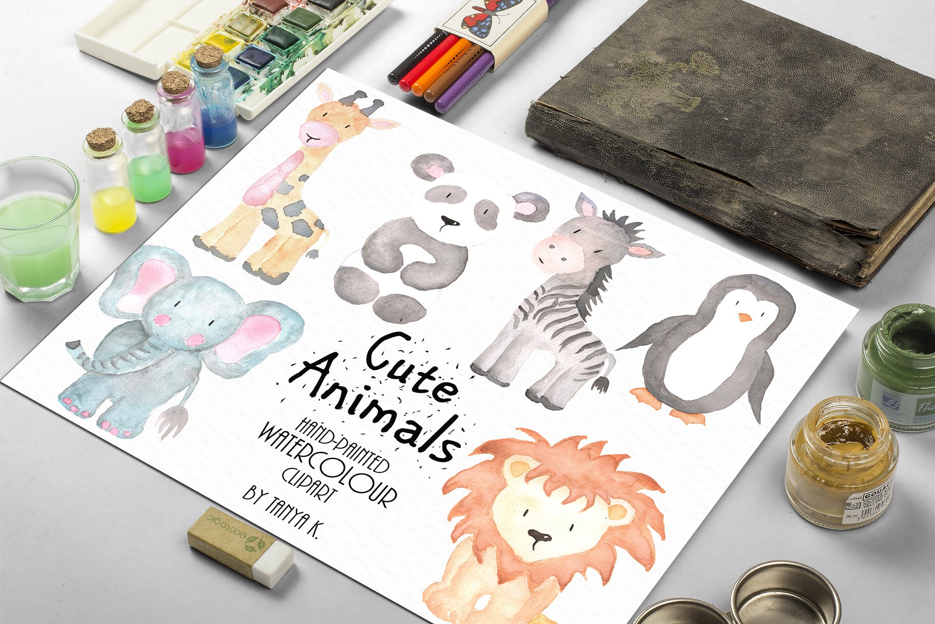 可爱的手绘水彩动物剪贴画合集 Watercolor Cute Animals set插图(1)