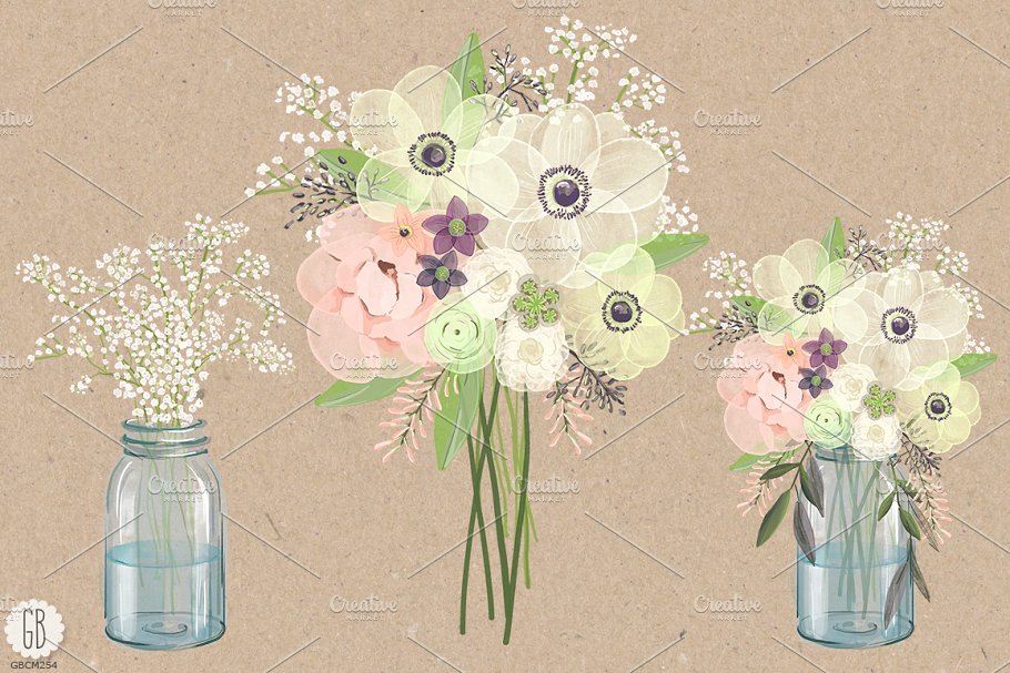 水彩银莲花（海葵）插花插画 Watercolor anemones baby breath jar插图(1)