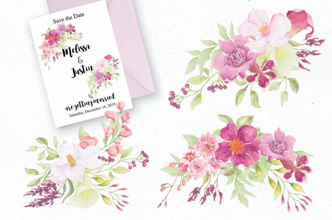 粉色手绘水彩花卉剪贴画素材库精选PNG素材 Watercolor Mini Bundle in Hot Pink插图(2)