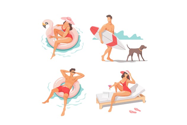 夏日海滩主题概念矢量插画素材 Set of People Performing Activities at Beach插图(1)