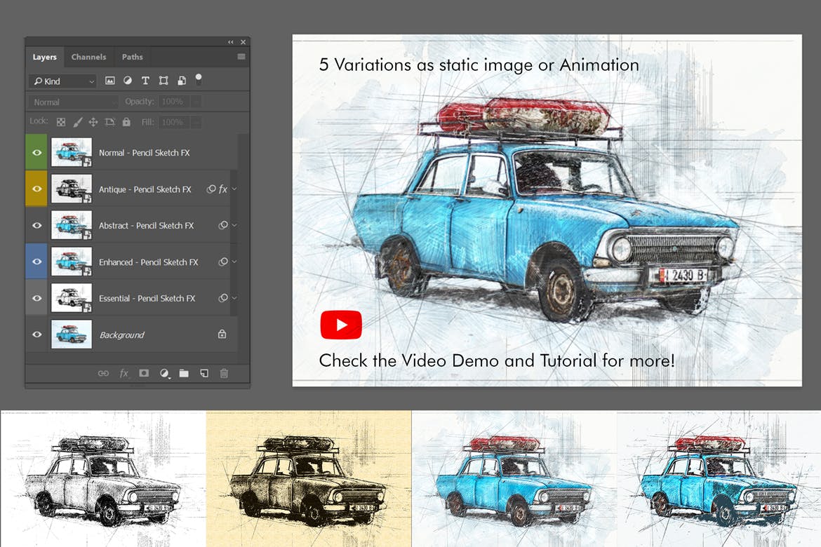 照片转彩铅手绘素描绘画效果PS动作 Animated Pencil Sketch FX Photoshop Add-On插图(9)
