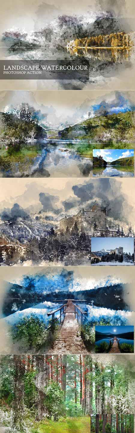 山水风景水彩PS动作下载 landscape watercolour Photoshop action插图