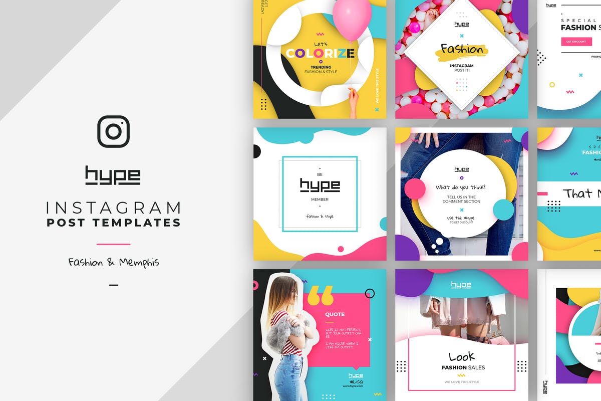 孟菲斯时尚风格Instagram文章贴图模板素材库精选 Memphis style fashion Instagram post template插图