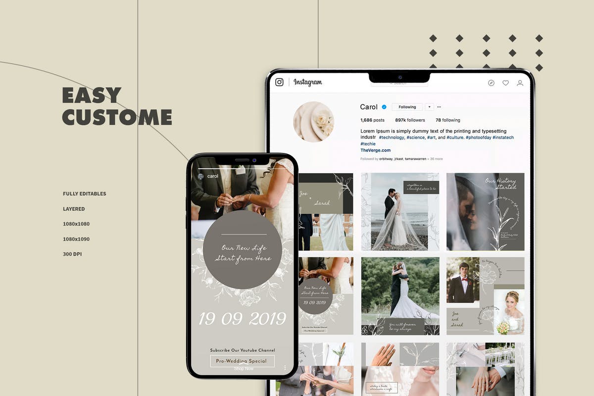 婚礼婚纱摄影Instagram社交贴图设计模板素材库精选v1 Instagram Template v1插图(1)