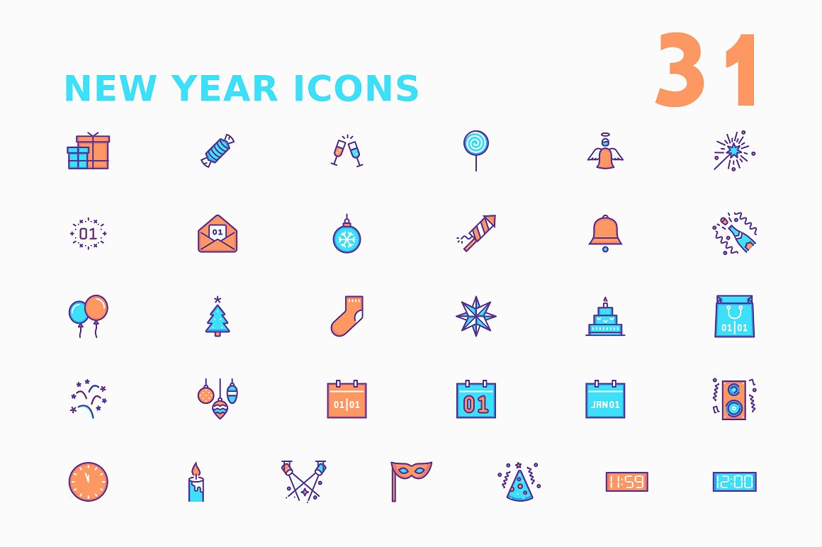 16种风格多尺寸的新年矢量图标合辑下载[png,svg]插图(2)