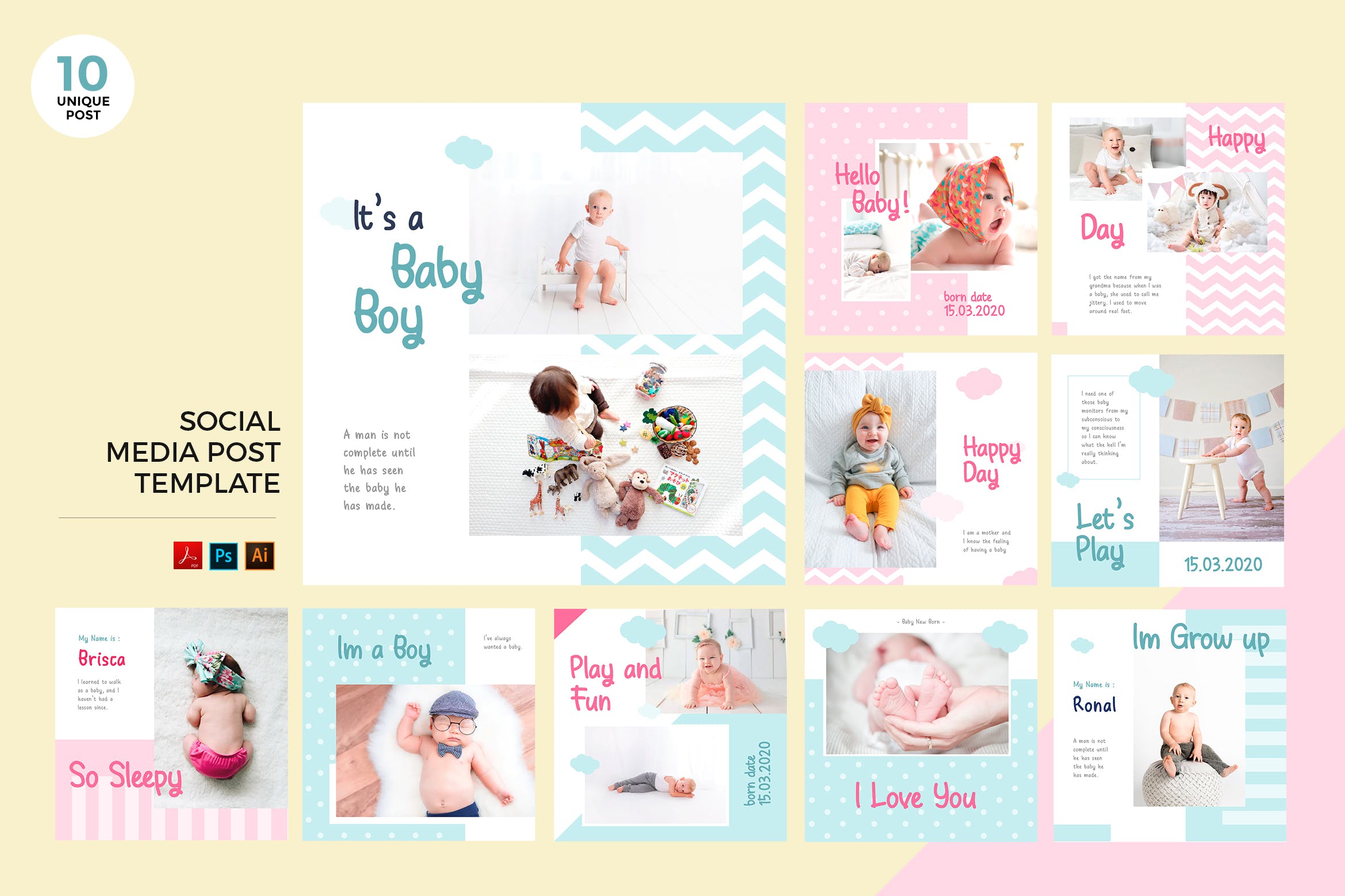 新生儿＆婴儿品牌推广社交媒体PSD＆AI模板素材库精选 Newborn Baby Social Media Kit PSD & AI Template插图