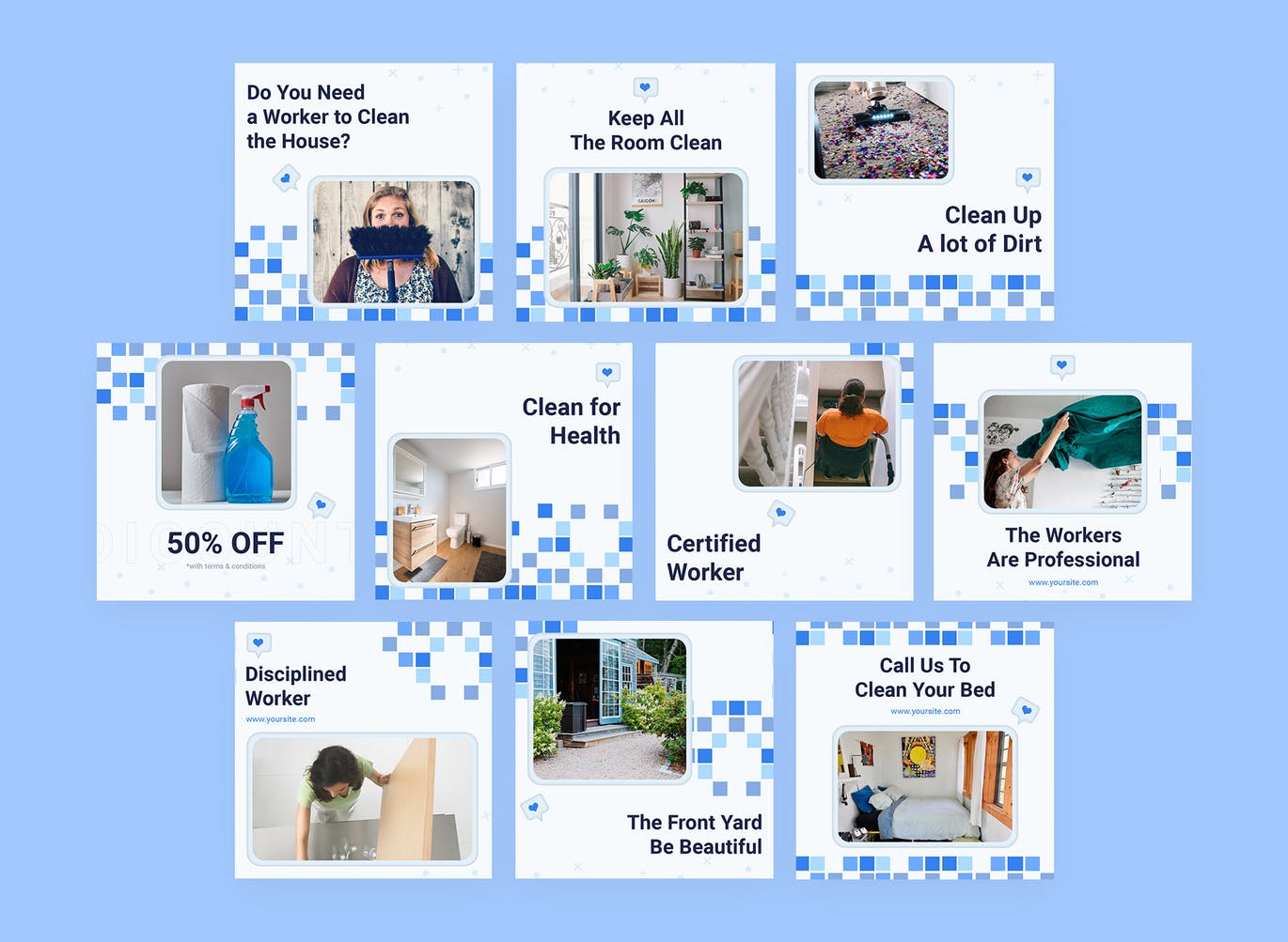 蓝色小方格背景Instagram信息流贴图设计模板素材库精选 Limpeza – Instagram Feeds Pack插图(1)