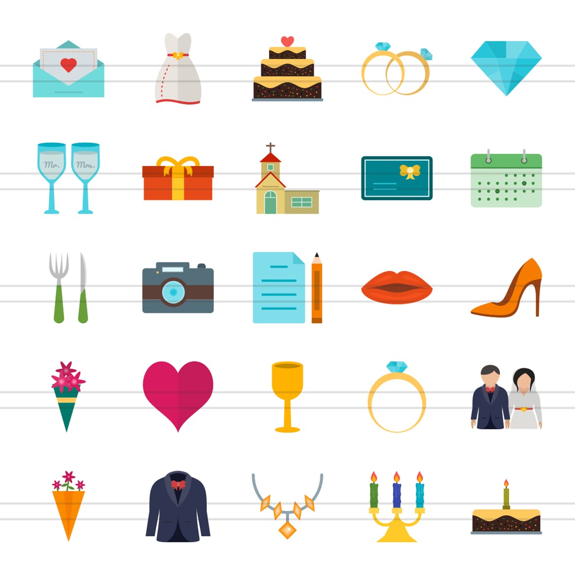 50枚婚礼婚宴主题扁平设计风彩色素材库精选图标 II 50 Wedding Flat Multicolor Icons Season II插图(1)