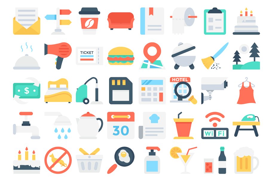 152枚扁平设计风酒店＆餐馆图标 152 Flat Hotel and Restaurant Icons插图(3)
