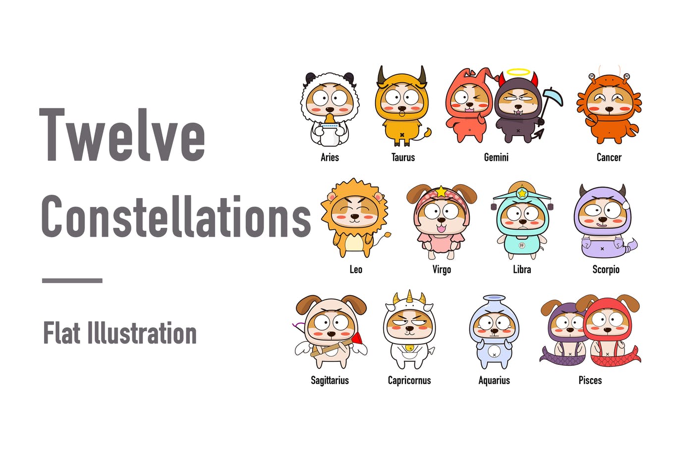 扁平设计风格十二星座卡通形象矢量设计素材 Twelve constellations – flat Illustration插图