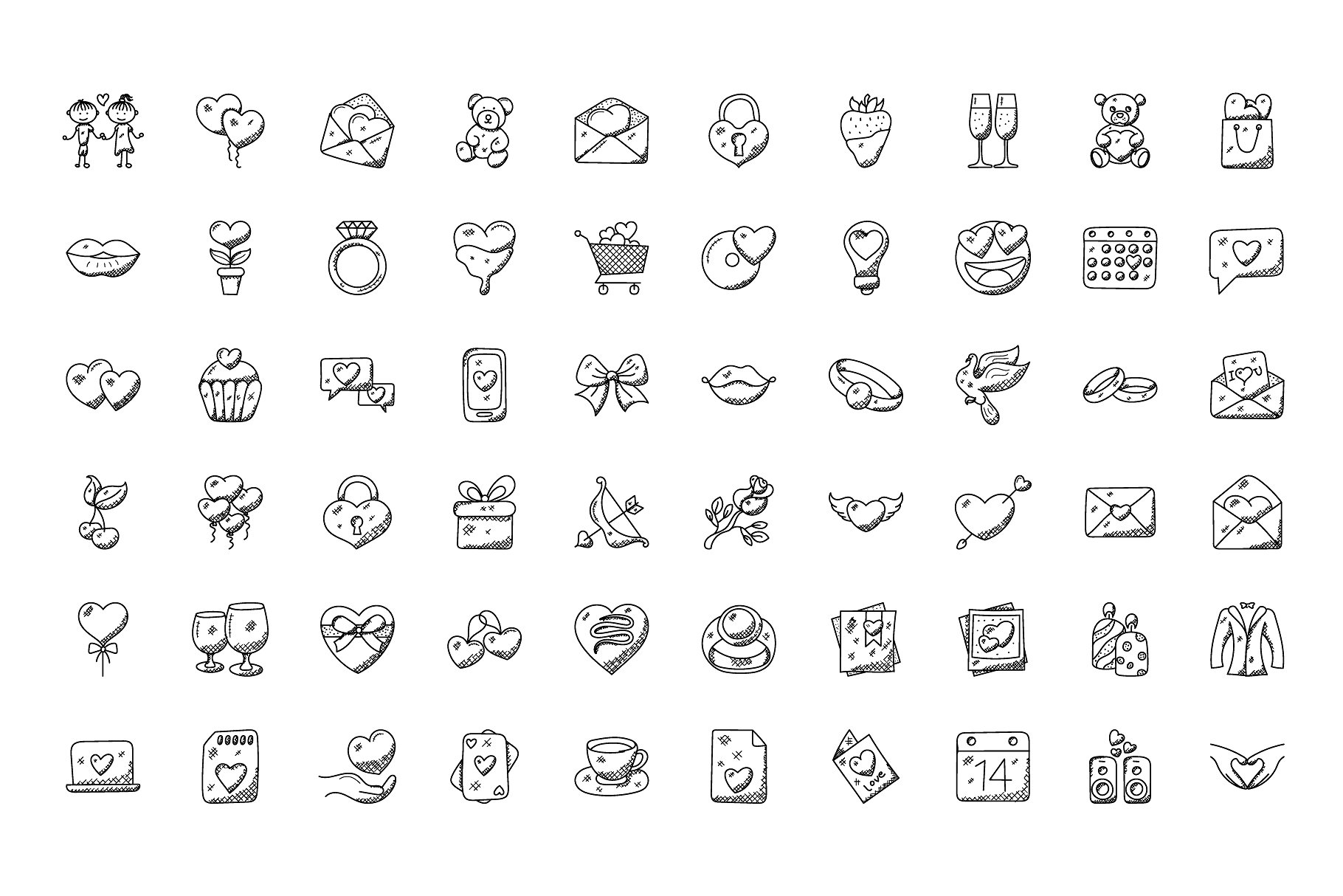 100枚爱和情人节涂鸦图标 100 Love and Valentine Doodle Icons插图(1)