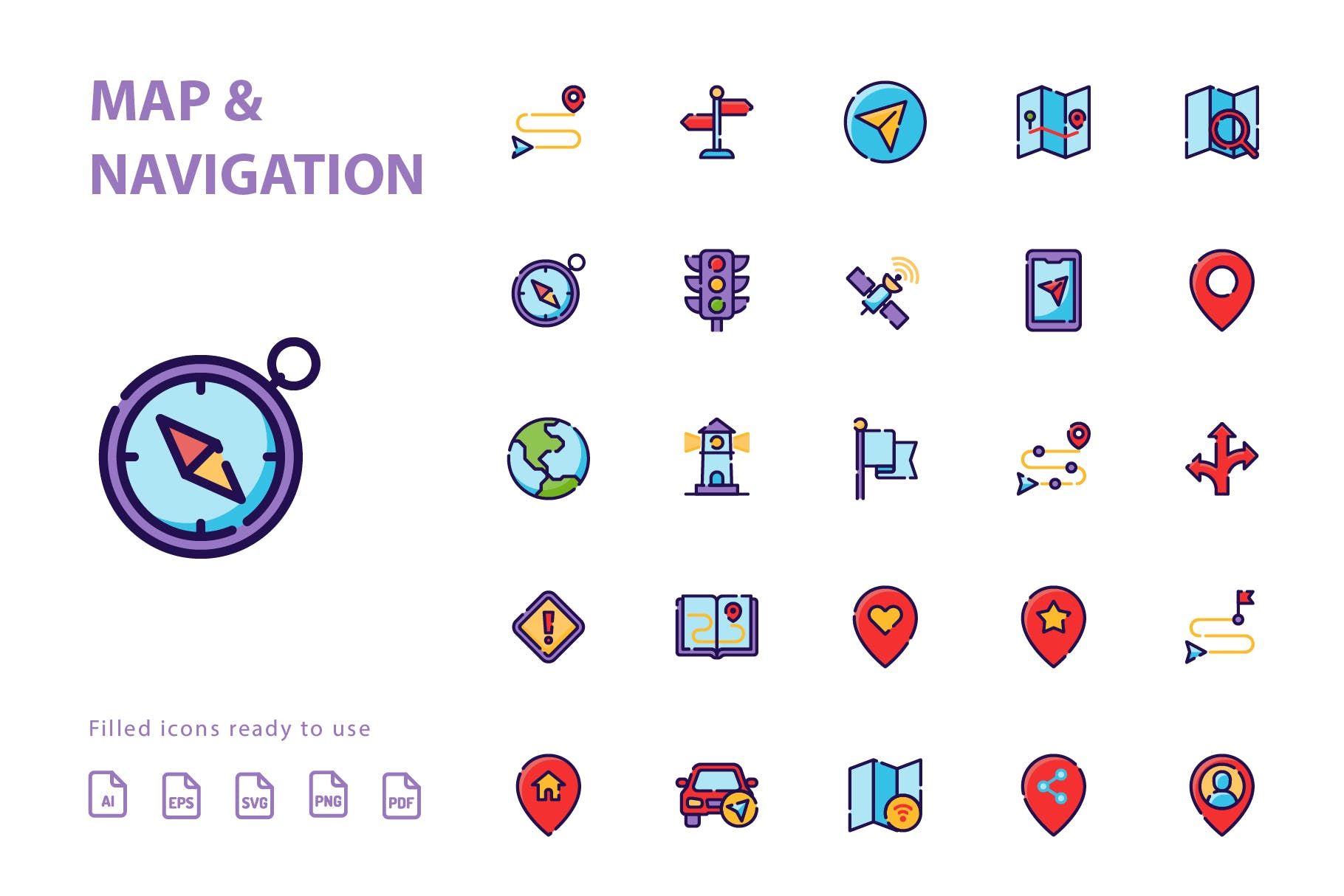 25枚地图导航矢量填充素材库精选图标 Map & Navigation Filled插图(1)