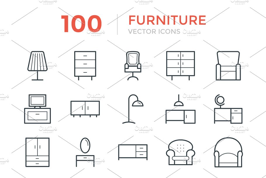 100个家居家具矢量线条图标  100 Furniture Vector Icons插图