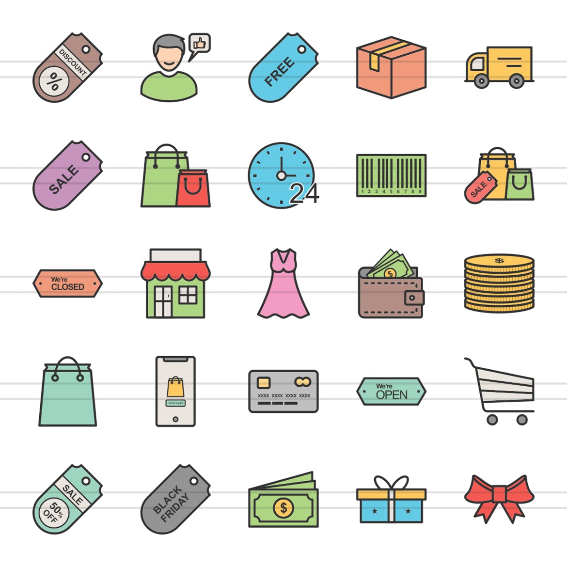 25枚黑色星期五主题填充色线性素材库精选图标 25 Black Friday Filled Line Icons插图(1)