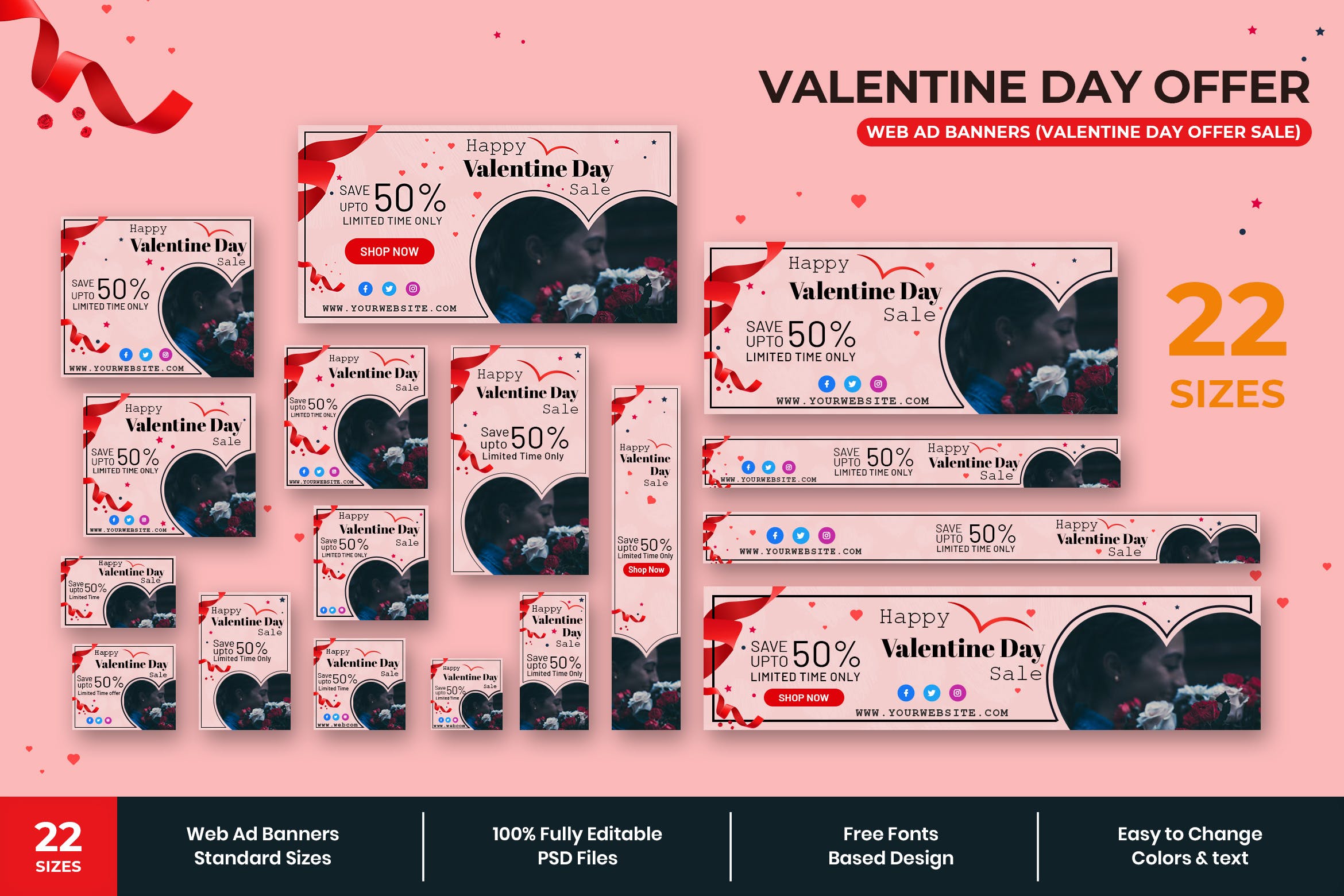 情人节主题促销广告Banner图设计模板 Valentine Day Offer Web Ad Banners插图