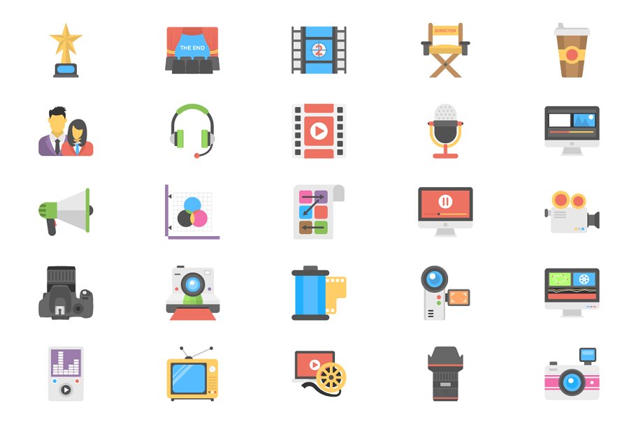 50枚扁平设计风格电影制作主题图标 50 Flat Film Making Icons插图(1)