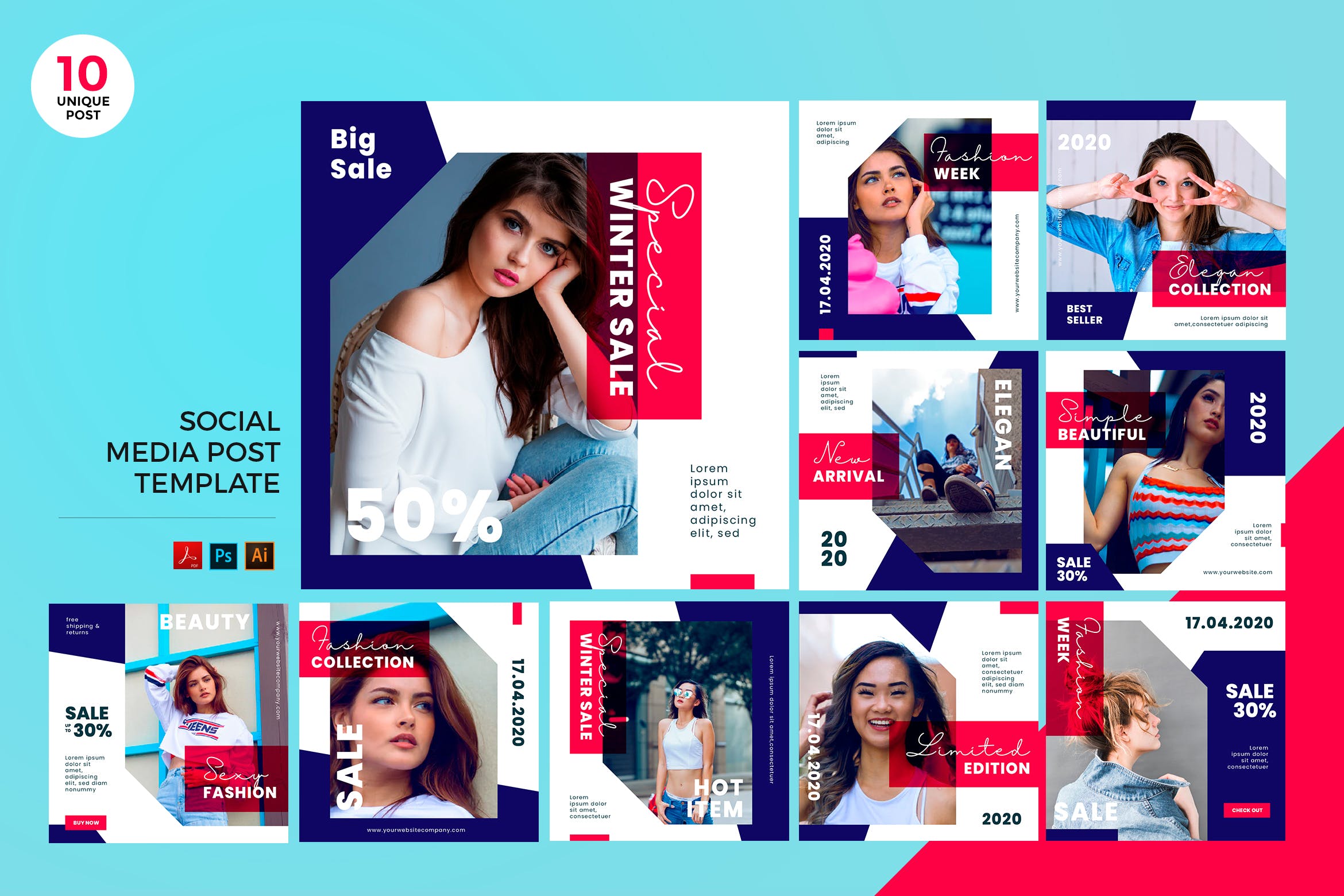时尚品牌促销活动宣传社交媒体PSD&AI模板素材库精选 Trendy Fashion Social Media Kit PSD & AI Template插图