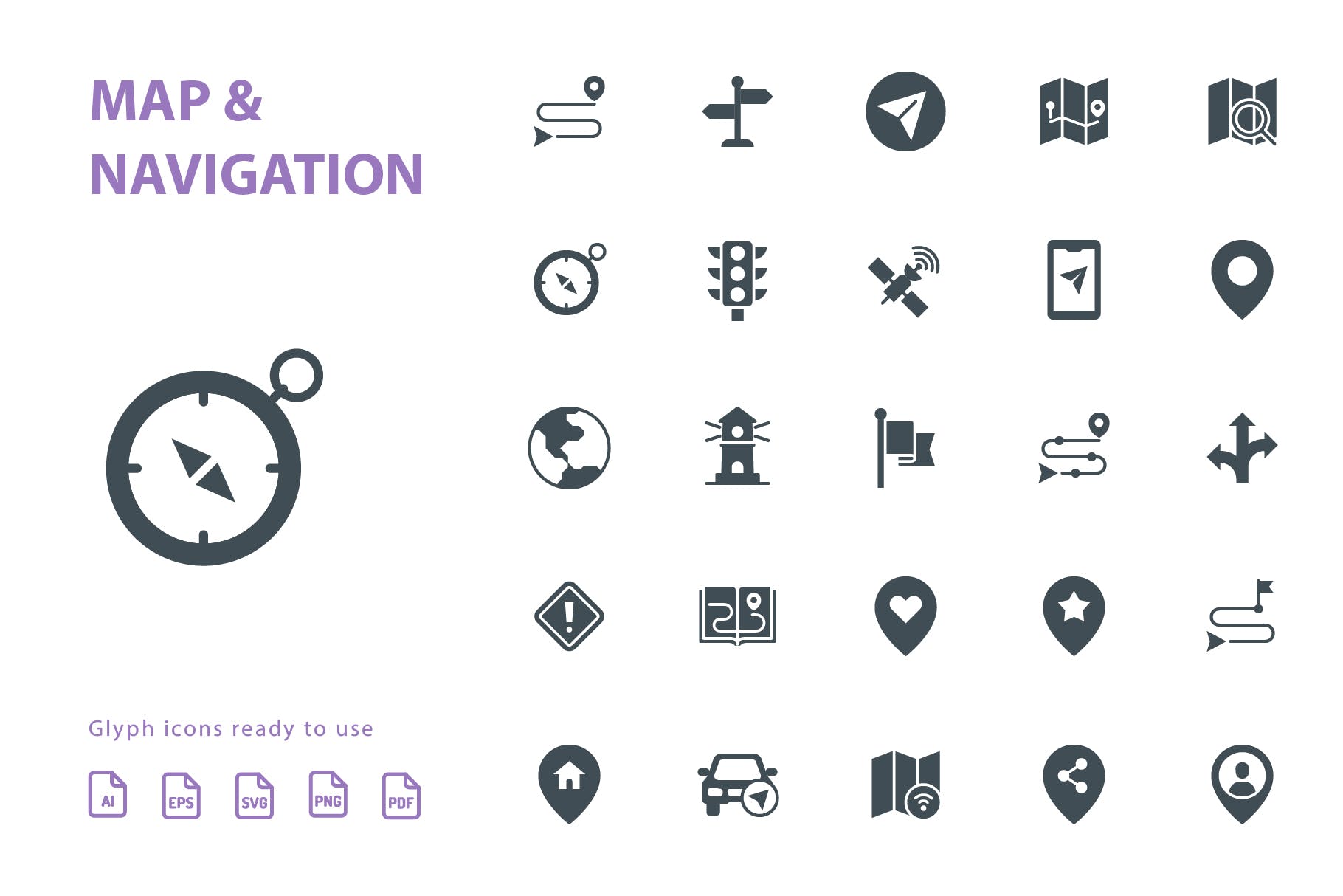 25枚地图导航主题字体素材库精选图标 Map & Navigation Glyph插图(1)
