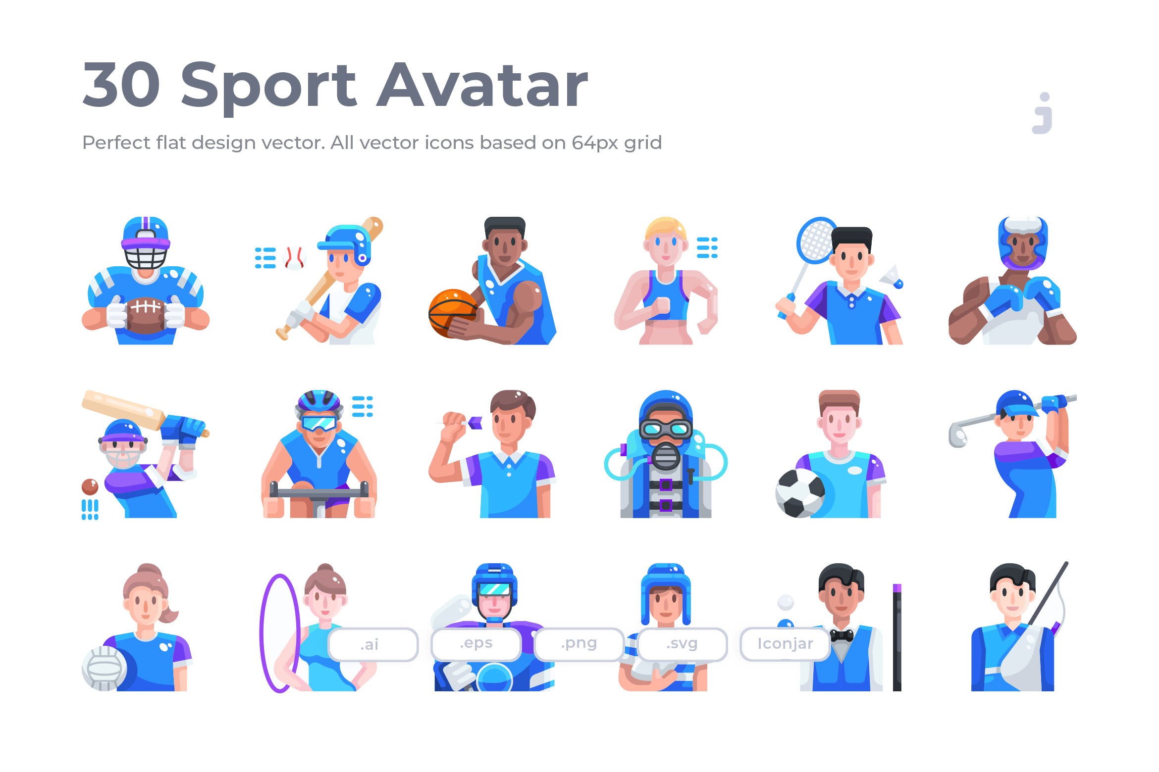 30枚运动员人物扁平化设计矢量图标 30 Sport Avatar Icons – Flat插图