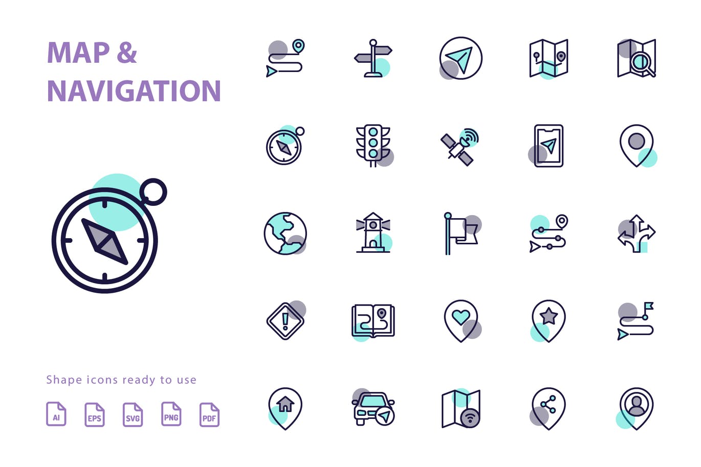 25枚地图导航主题矢量阴影图标 Map & Navigation Shape插图(1)