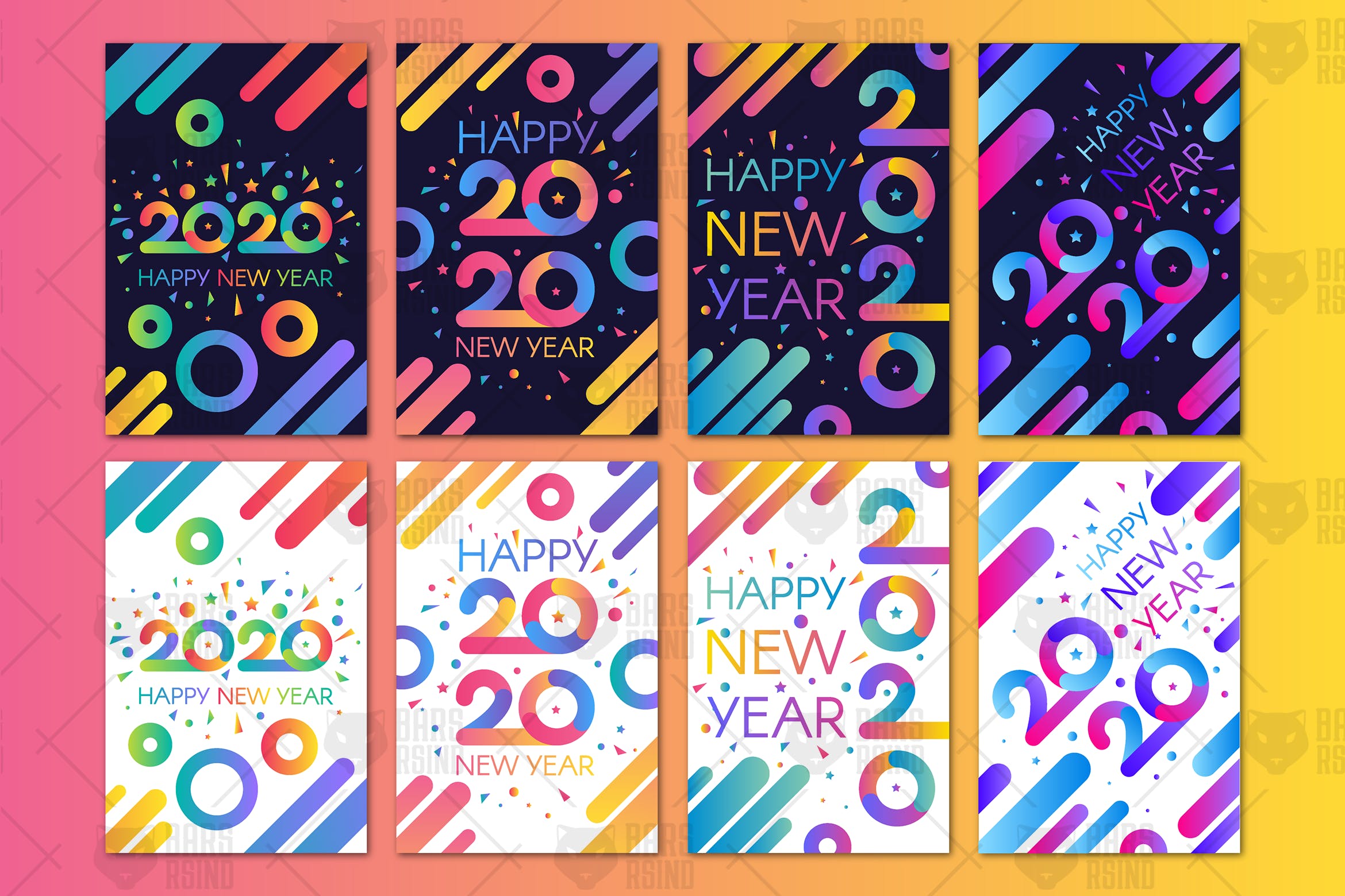 渐变色线条艺术2020年新年主题Banner设计模板 Modern Happy 2020 New Year Banners Set插图