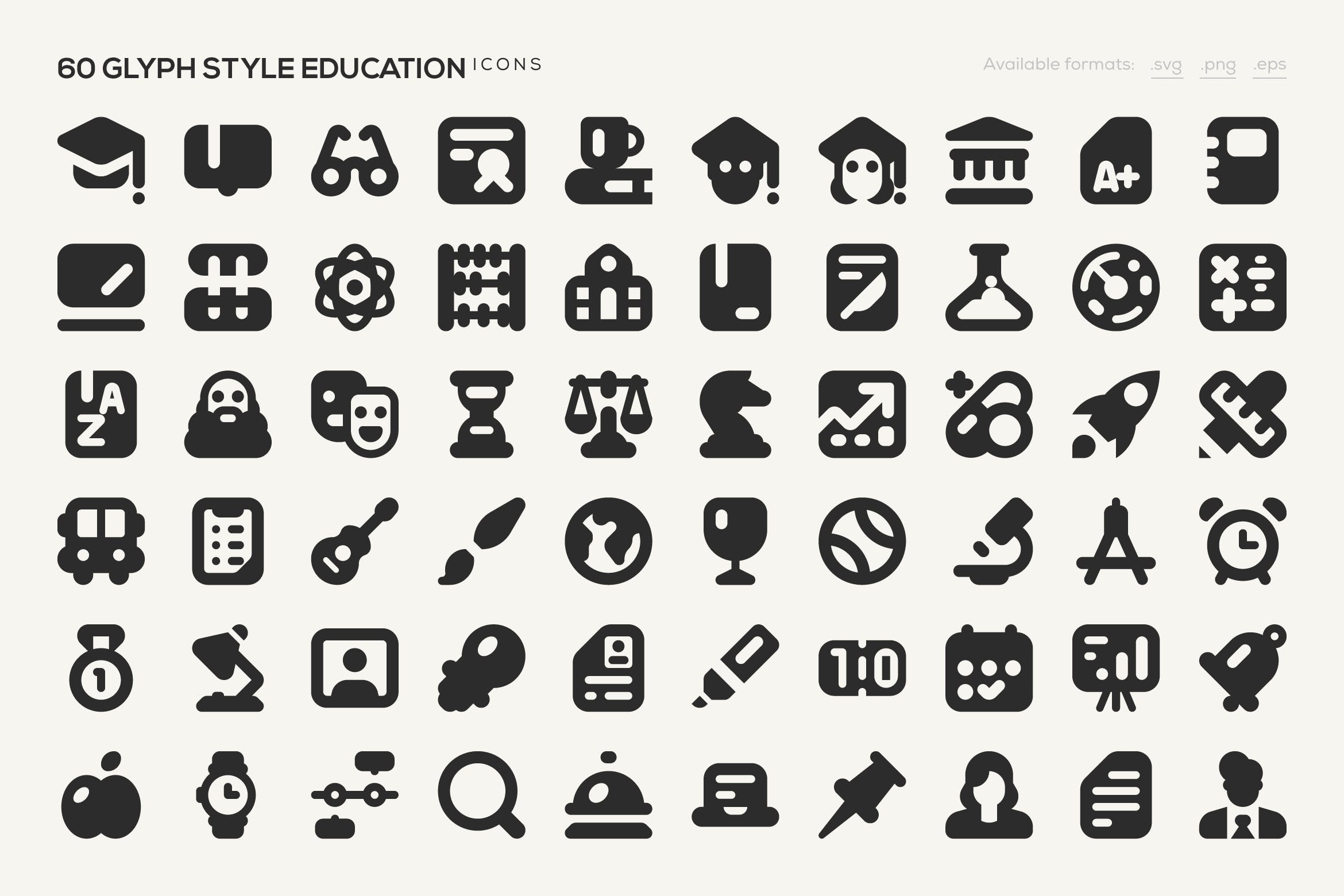 60枚教育主题字体图标素材 60 Glyph Style Education Icons插图