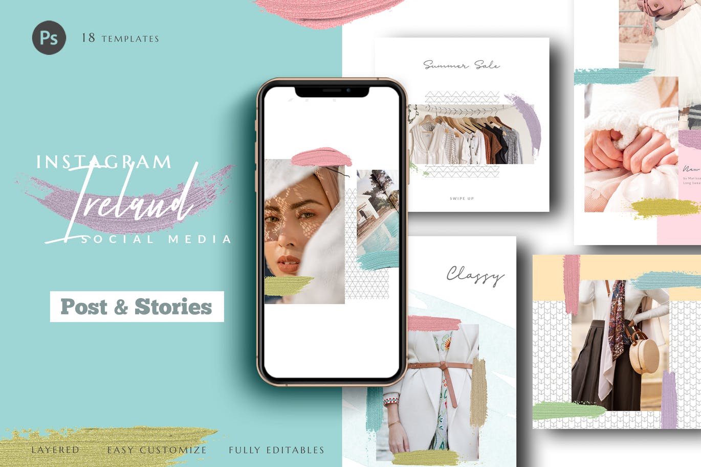 小资优雅风格Instagram社交网站品牌故事&贴图设计模板素材库精选 Instagram Ireland Social Media Pack插图
