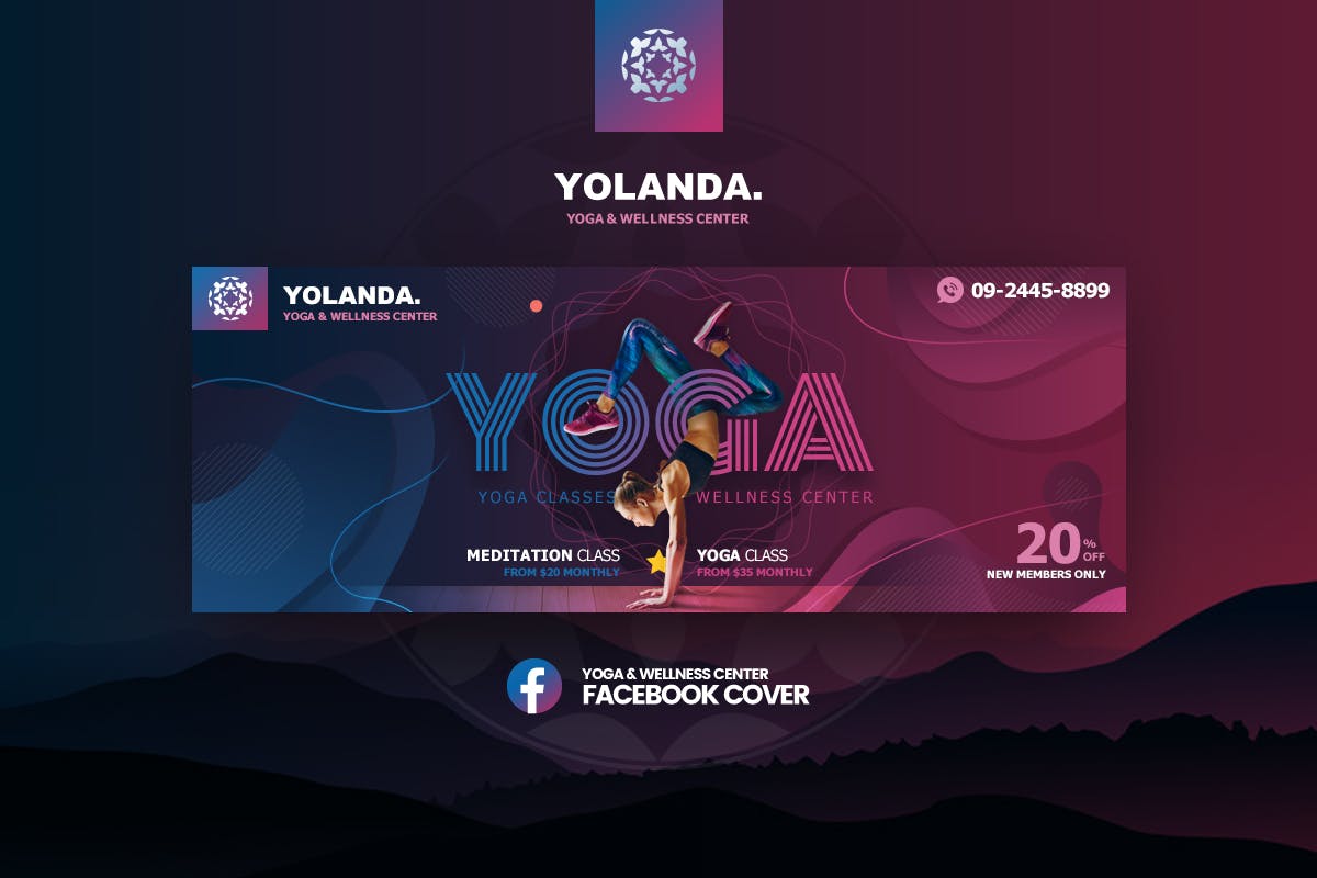 瑜伽&健身俱乐部社交推广素材库精选广告模板 Yolanda-Yoga & Wellness Facebook Cover Template插图