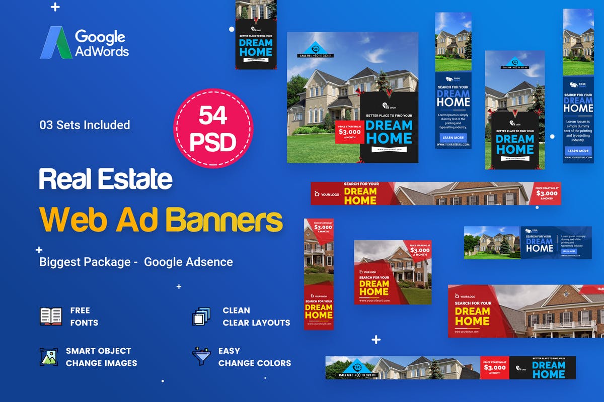 房屋租赁销售房地产行业Banner素材库精选广告模板 Real Estate Banners Ads – 54 PSD [03 Sets]插图