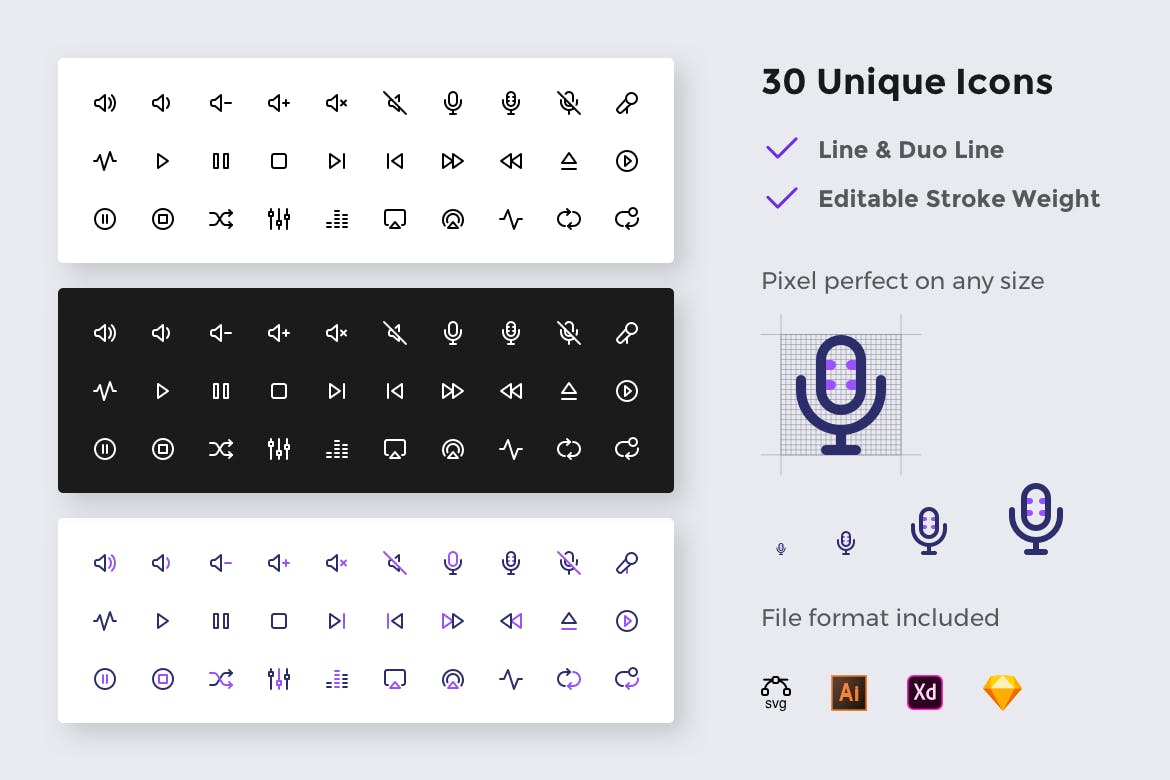 简约风音频多媒体UI设计线性图标矢量素材 Simplea Line – Audio Icon Set插图(1)