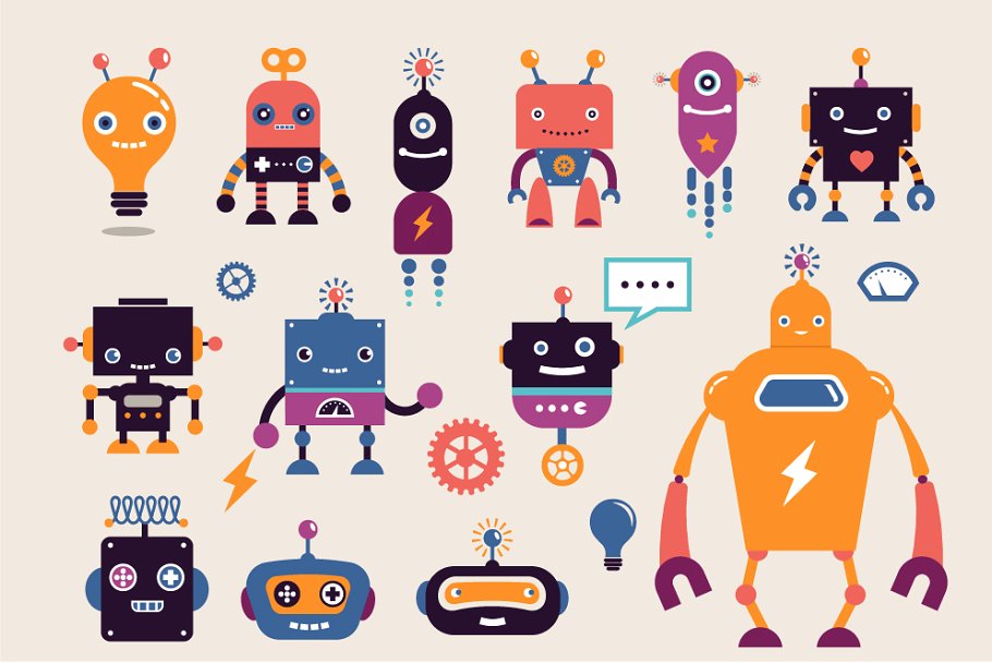 复古老式机器人图标集 Vintage robots set插图(3)