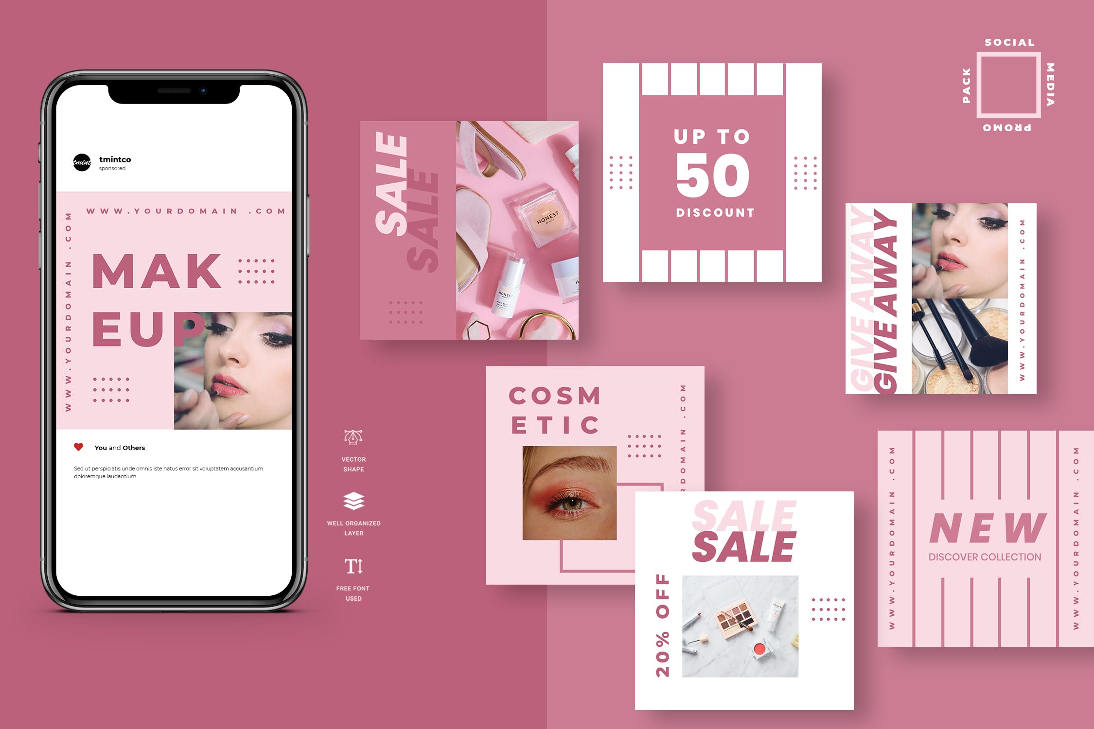 粉色系双色调版式设计Instagram贴图设计模板素材库精选 Five Duotone Instagram Post Template插图