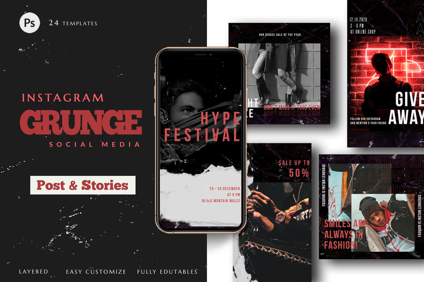 Instagram社交平台做旧风格品牌故事&贴图设计模板素材库精选 Instagram Grunge Social Media Pack插图