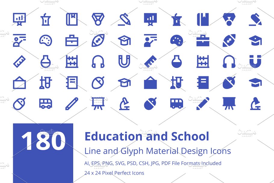 材料教育与学校图标 Material Education and School Icons插图