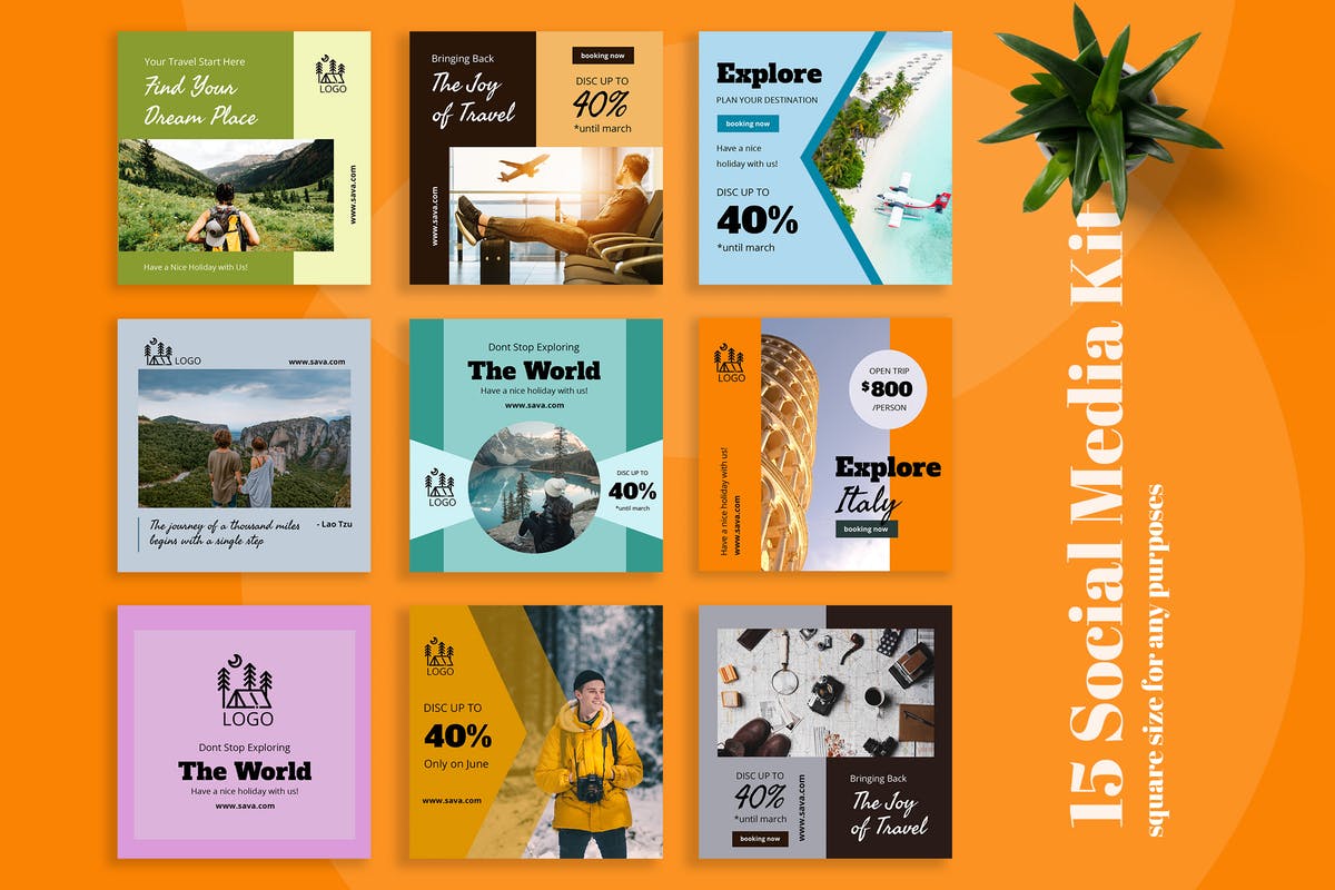 假日旅行主题社交媒体促销广告设计模板素材库精选 Sava – Travel Social Media Kit插图